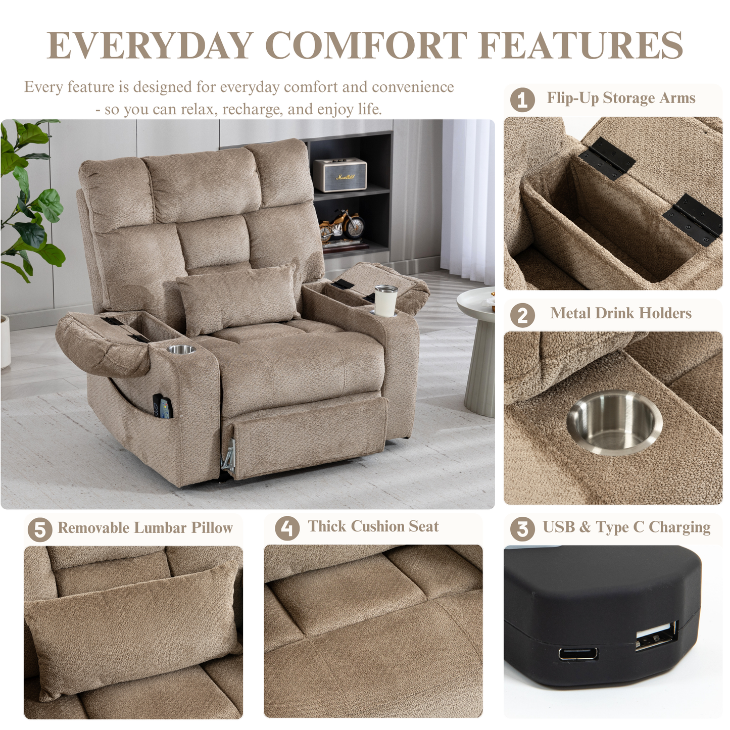 JUUXO Big Tall Man 500 lbs Recliners Power Lift Chair with Heat & Massage - USB & Type C Charging - Oatmeal Chenille