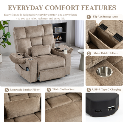 JUUXO Big Tall Man 500 lbs Recliners Power Lift Chair with Heat & Massage - USB & Type C Charging - Oatmeal Chenille