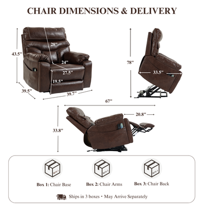 Oversized Recliner Chair 27.5-inch Wide Seat with Extended Footrest - Power Lift Recliner for Elderly with Heat Massage - Hidden Cup Holders 350 lbs