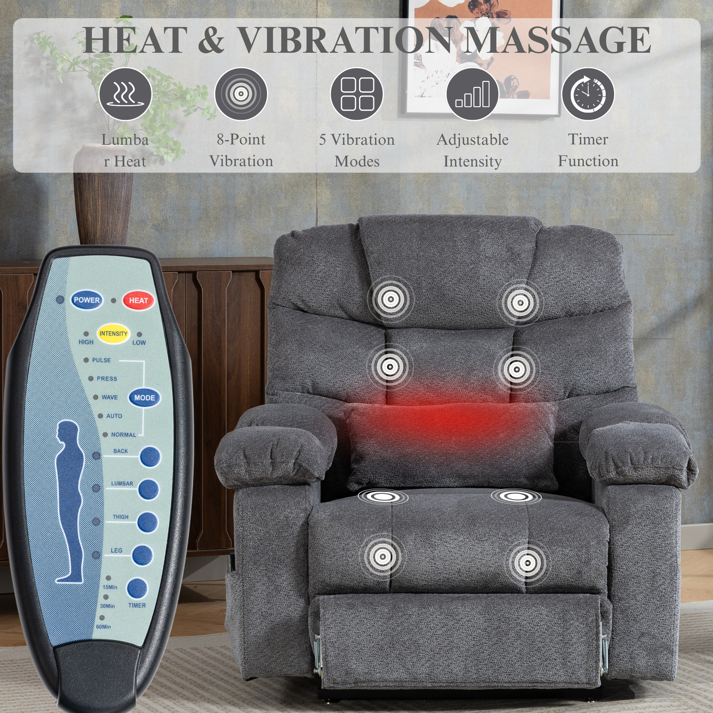 JUUXO Big Tall Man 500 lbs Recliners Power Lift Chair with Heat & Massage - USB & Type C Charging - Stone Gray Chenille