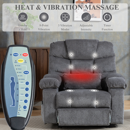 JUUXO Big Tall Man 500 lbs Recliners Power Lift Chair with Heat & Massage - USB & Type C Charging - Stone Gray Chenille