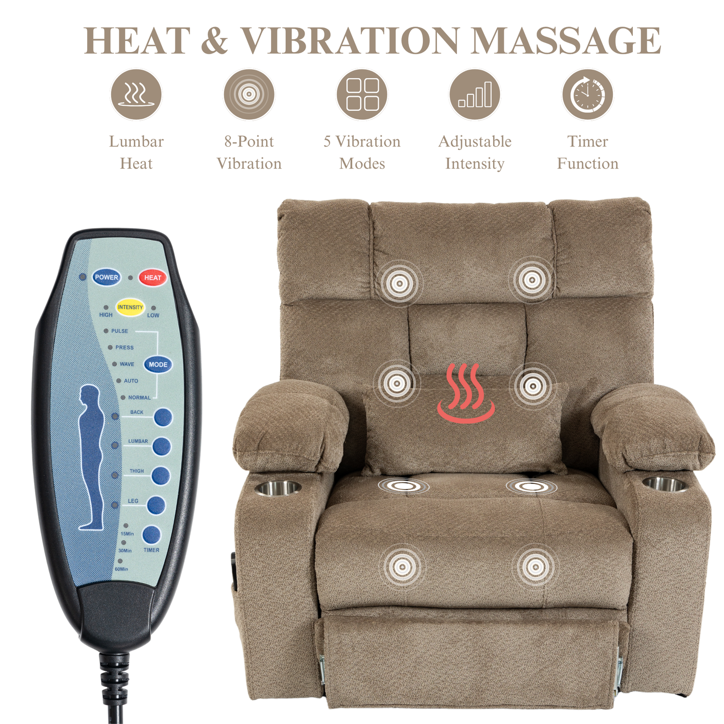 JUUXO Big Tall Man 500 lbs Recliners Power Lift Chair with Heat & Massage - USB & Type C Charging - Oatmeal Chenille