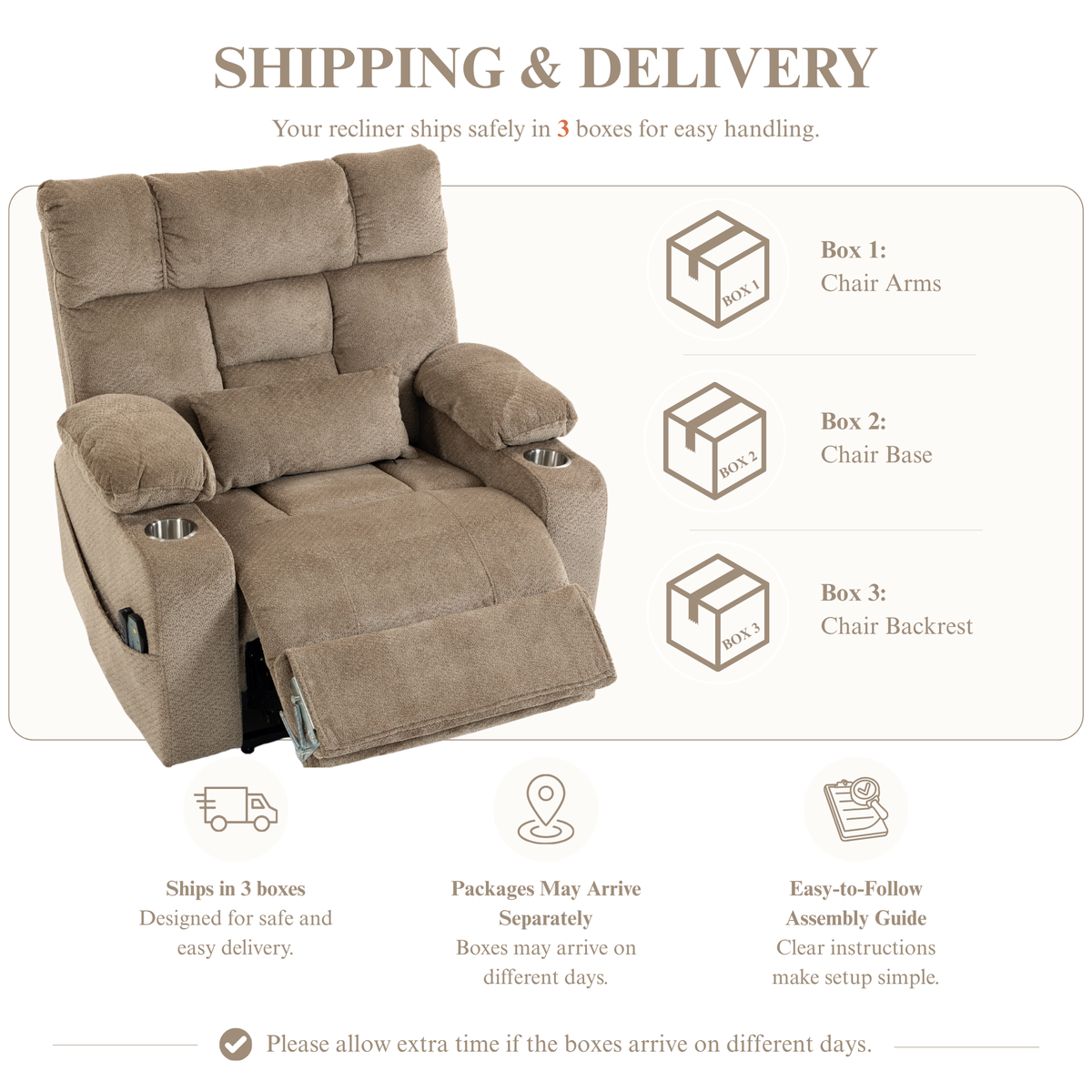 JUUXO Big Tall Man 500 lbs Recliners Power Lift Chair with Heat & Massage - USB & Type C Charging - Oatmeal Chenille