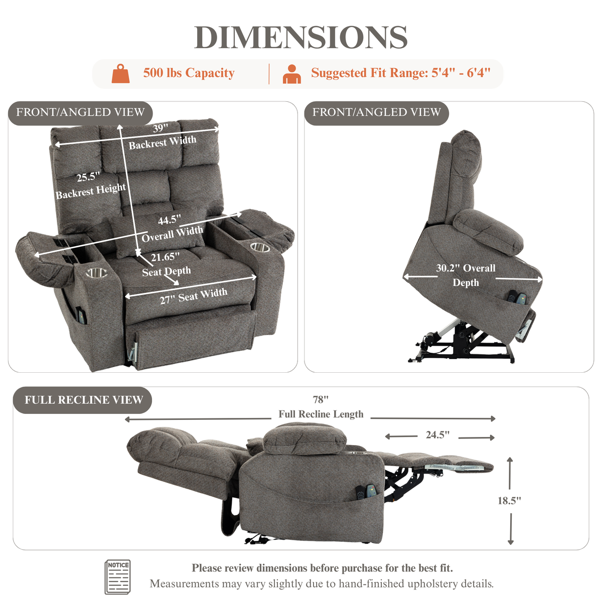 JUUXO Big Tall Man 500 lbs Recliners Power Lift Chair with Heat & Massage - USB & Type C Charging - Charcoal Gray Chenille