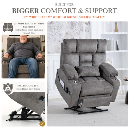 JUUXO Big Tall Man 500 lbs Recliners Power Lift Chair with Heat & Massage - USB & Type C Charging - Charcoal Gray Chenille