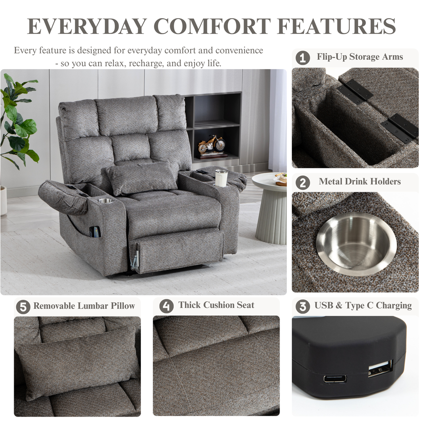 JUUXO Big Tall Man 500 lbs Recliners Power Lift Chair with Heat & Massage - USB & Type C Charging - Charcoal Gray Chenille