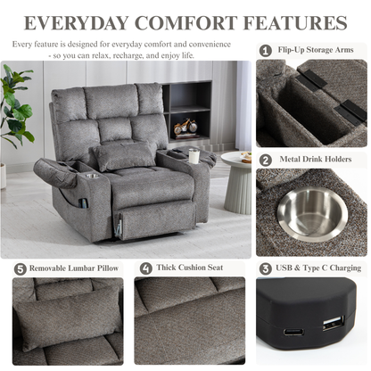 JUUXO Big Tall Man 500 lbs Recliners Power Lift Chair with Heat & Massage - USB & Type C Charging - Charcoal Gray Chenille
