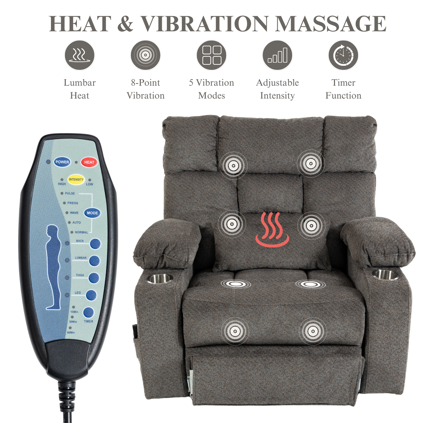 JUUXO Big Tall Man 500 lbs Recliners Power Lift Chair with Heat & Massage - USB & Type C Charging - Charcoal Gray Chenille