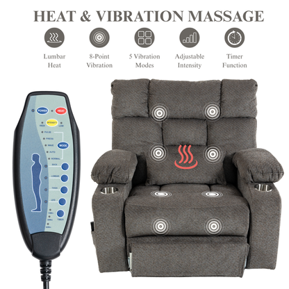JUUXO Big Tall Man 500 lbs Recliners Power Lift Chair with Heat & Massage - USB & Type C Charging - Charcoal Gray Chenille