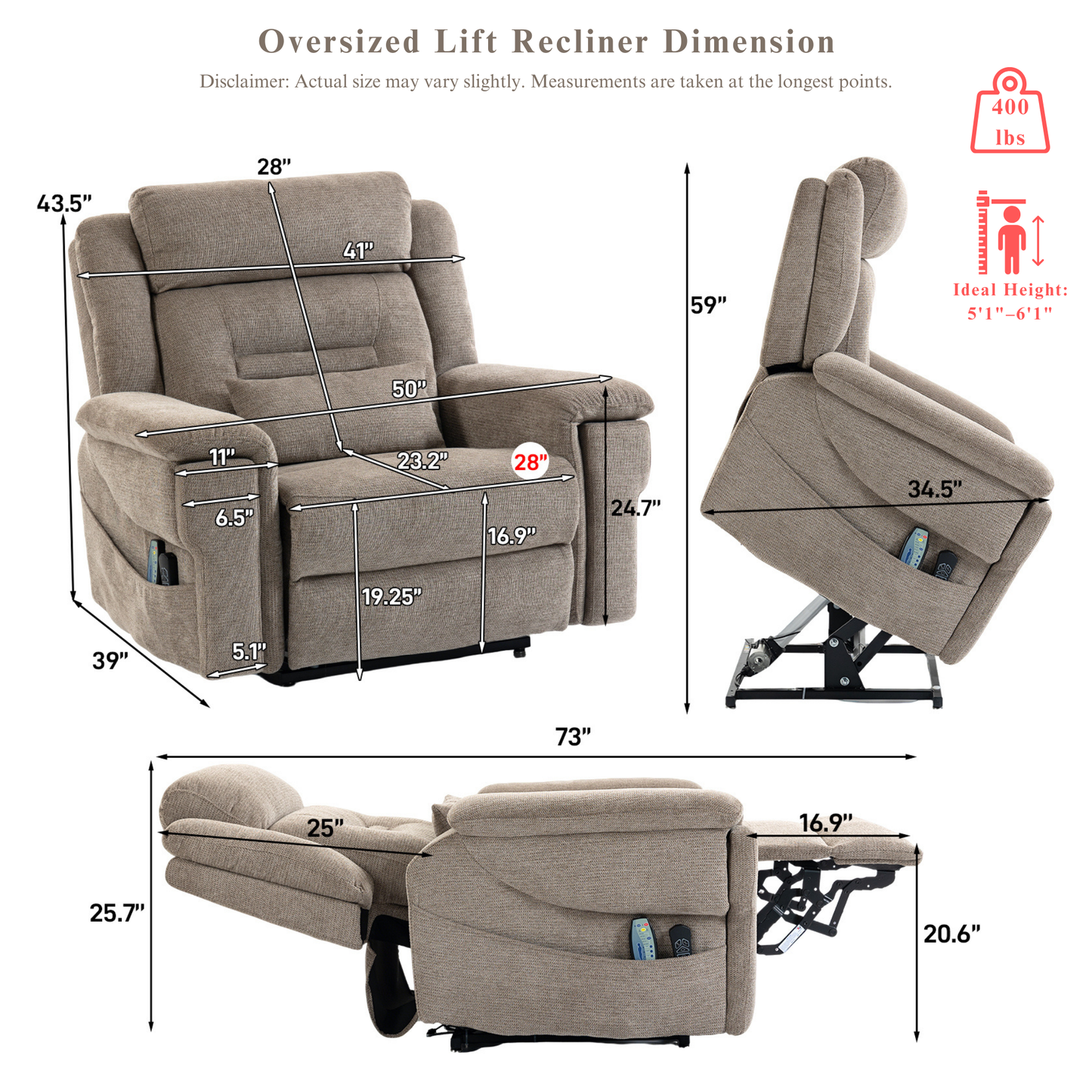 Big Man Recliners Power Lift Chair with Heat Massage, Cup Holder & Wireless Phone Charger, USB Type C Charging- 400 lbs Capacity - Mocha Taupe Woven AirMesh