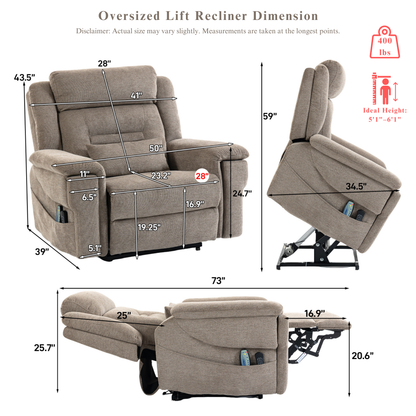 Big Man Recliners Power Lift Chair with Heat Massage, Cup Holder & Wireless Phone Charger, USB Type C Charging- 400 lbs Capacity - Mocha Taupe Woven AirMesh