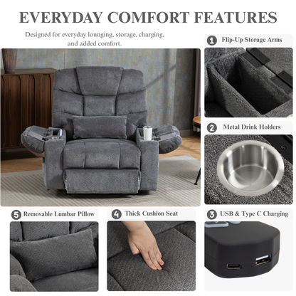 JUUXO Big Tall Man 500 lbs Recliners Power Lift Chair with Heat & Massage - USB & Type C Charging - Stone Gray Chenille