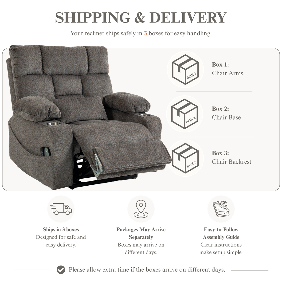 JUUXO Big Tall Man 500 lbs Recliners Power Lift Chair with Heat & Massage - USB & Type C Charging - Charcoal Gray Chenille