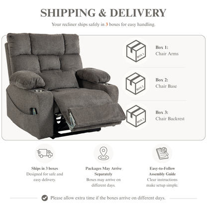 JUUXO Big Tall Man 500 lbs Recliners Power Lift Chair with Heat & Massage - USB & Type C Charging - Charcoal Gray Chenille