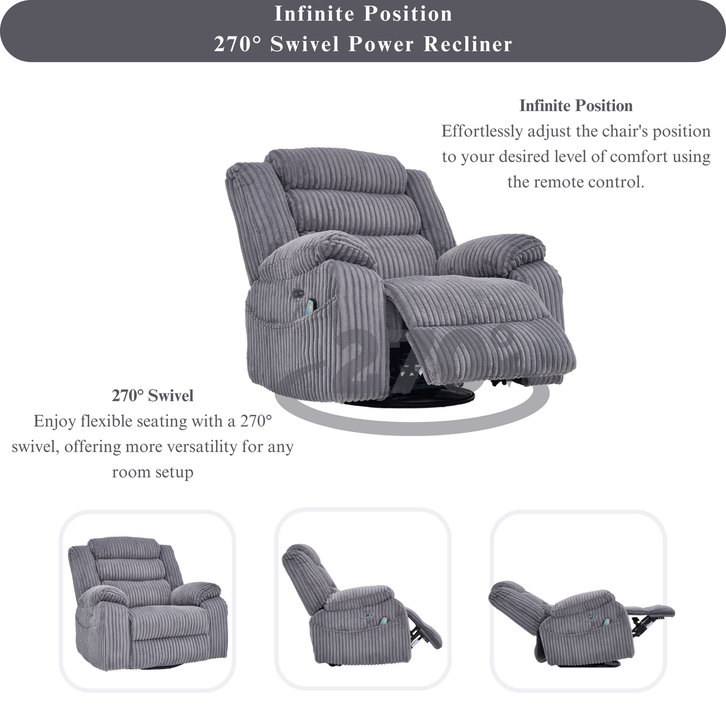 Extra Wide Power Swivel Rocking Recliner for Adults with Heat Massage, USB & Type-C Charging, Electric Glider Rocker Chair for Living Room Nursery Bedroom Office