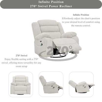 Extra Wide Power Swivel Rocking Recliner for Adults with Heat Massage, USB & Type-C Charging, Electric Glider Rocker Chair for Living Room Nursery Bedroom Office