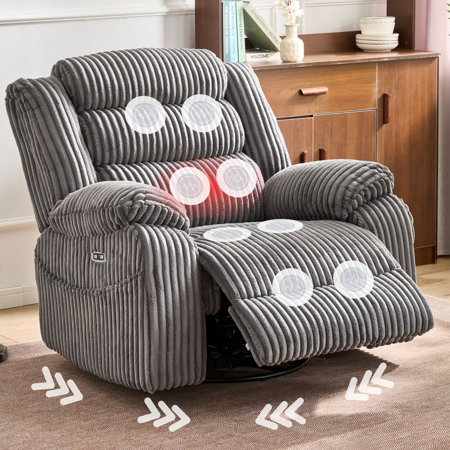 Extra Wide Power Swivel Rocking Recliner for Adults with Heat Massage, USB & Type-C Charging, Electric Glider Rocker Chair for Living Room Nursery Bedroom Office
