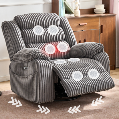 Extra Wide Power Swivel Rocking Recliner for Adults with Heat Massage, USB & Type-C Charging, Electric Glider Rocker Chair for Living Room Nursery Bedroom Office