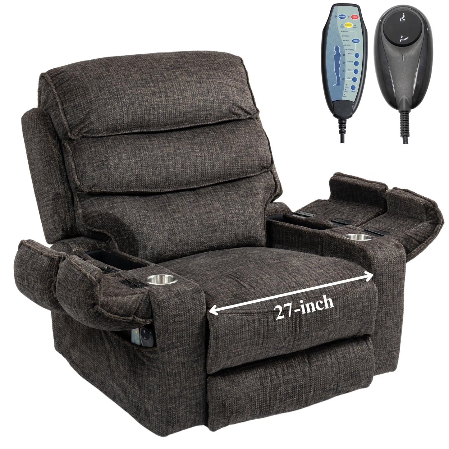 Oversized Recliner Chair 26-inch Wide Seat with Extended Footrest - Power Lift Recliner for Elderly with Heat Massage - Flip Arm Storage Cup Holders 350 lbs