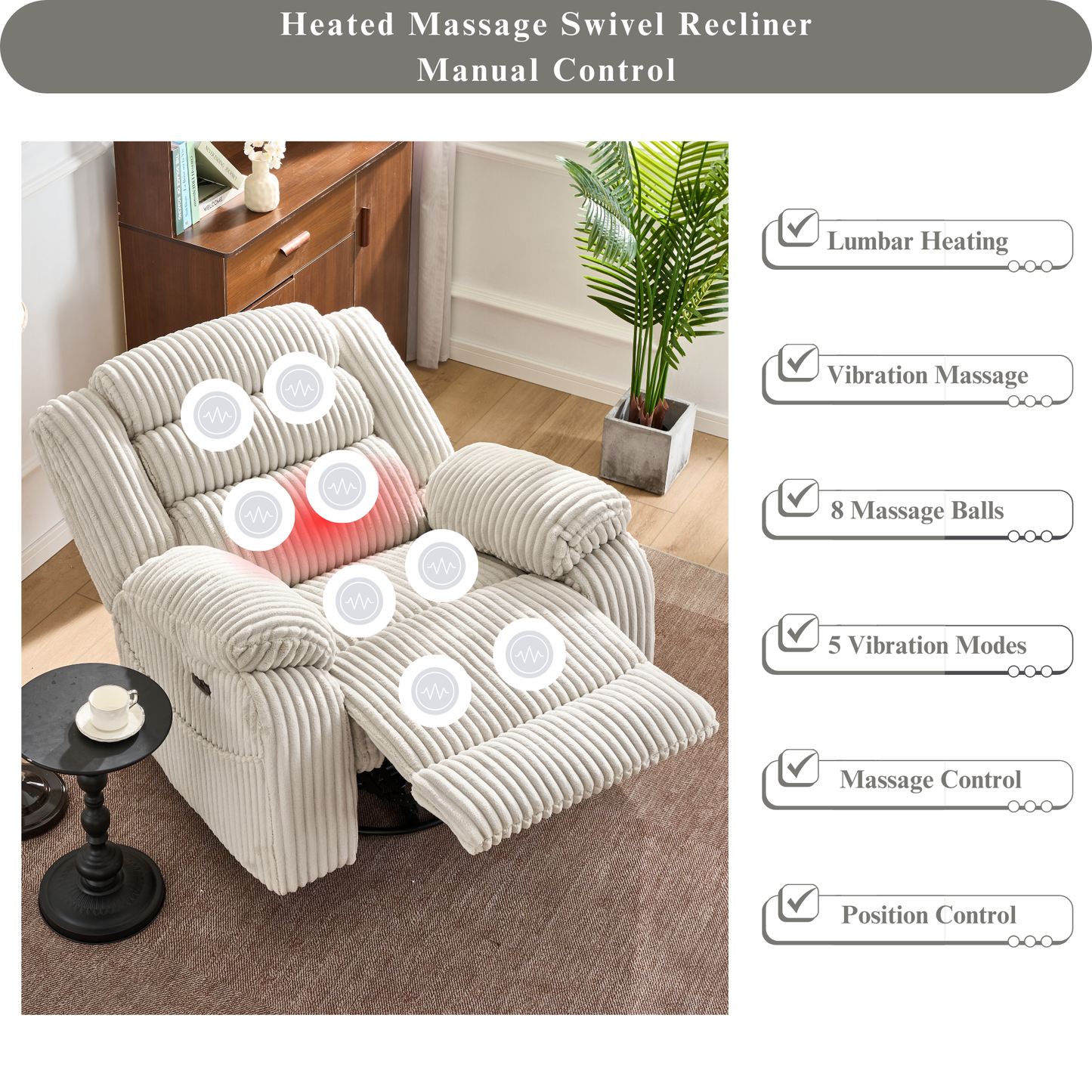 Extra Wide Power Swivel Rocking Recliner for Adults with Heat Massage, USB & Type-C Charging, Electric Glider Rocker Chair for Living Room Nursery Bedroom Office