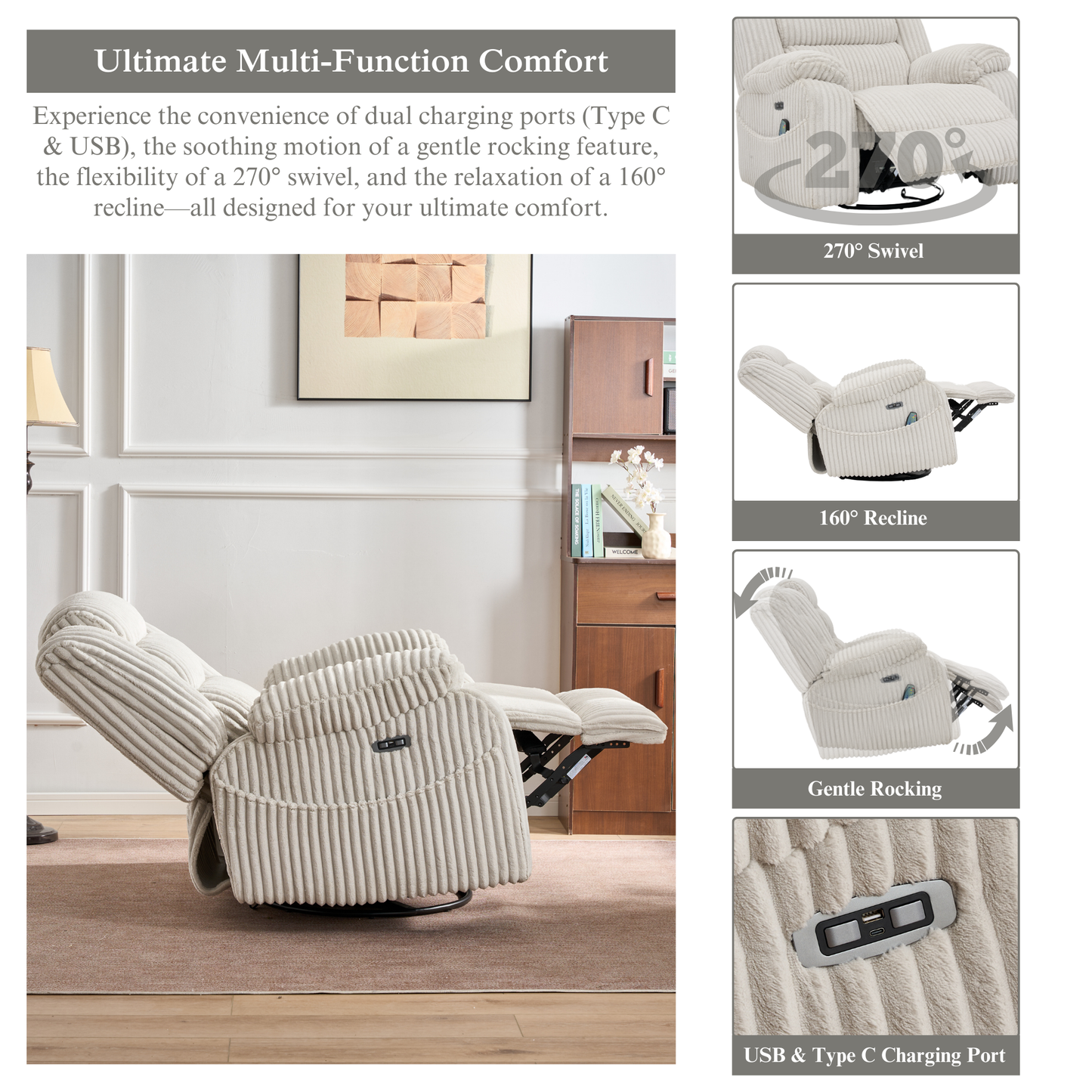 Extra Wide Power Swivel Rocking Recliner for Adults with Heat Massage, USB & Type-C Charging, Electric Glider Rocker Chair for Living Room Nursery Bedroom Office