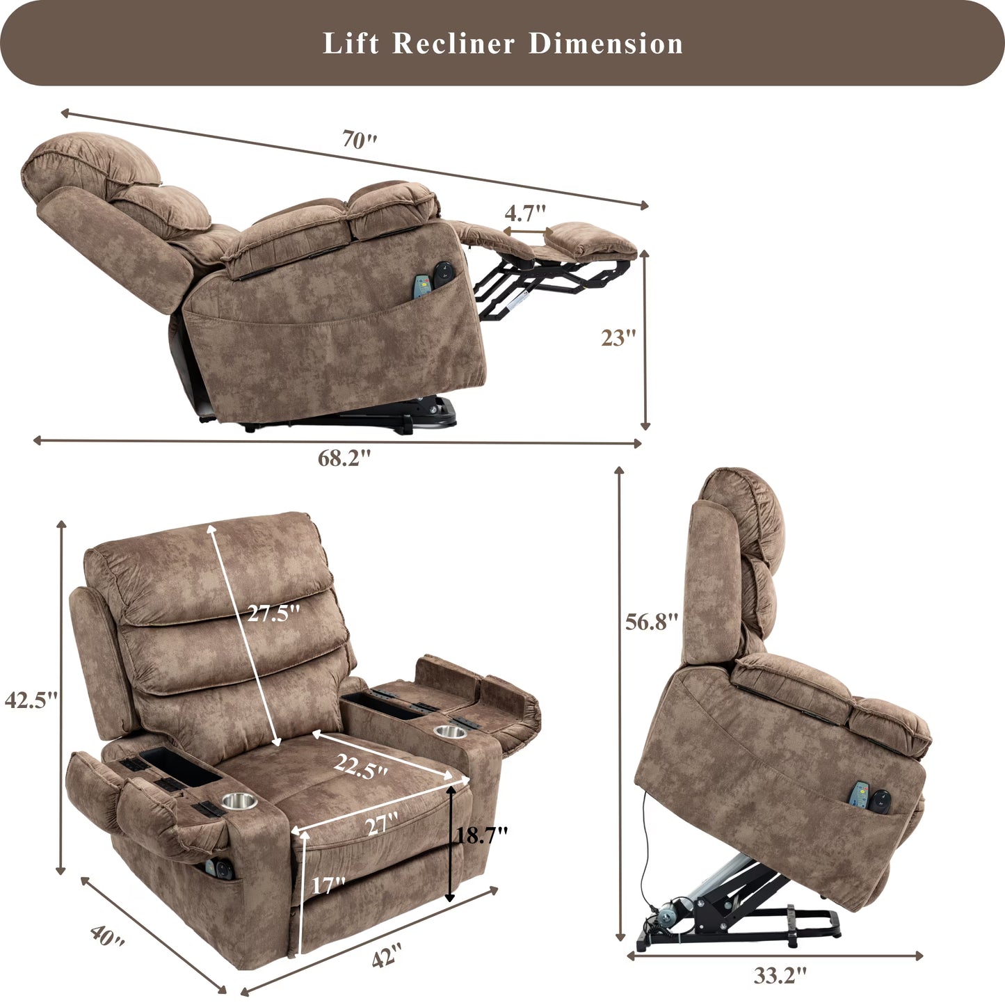 Oversized Recliner Chair 26-inch Wide Seat with Extended Footrest - Power Lift Recliner for Elderly with Heat Massage - Flip Arm Storage Cup Holders 350 lbs