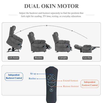 JUUXO Big Tall Man 500 lbs Recliners Power Lift Chair with Heat & Massage - USB & Type C Charging - Stone Gray Chenille