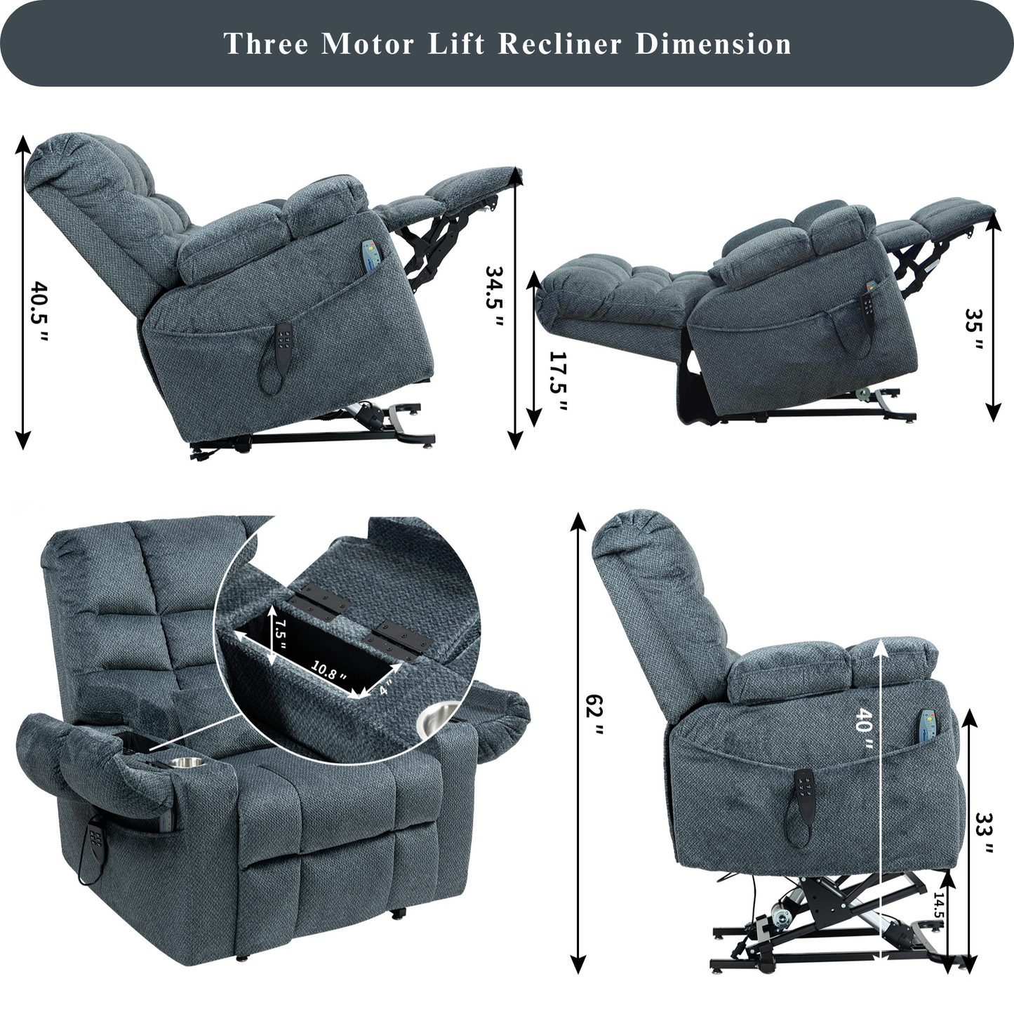 JUUXO Zenova 3-Motor Lift Chair, Zero Gravity Lay Flat Recliner with Heat & Massage - 400 lb - Slate Blue Chenille