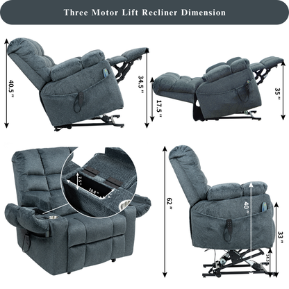 JUUXO Zenova 3-Motor Lift Chair, Zero Gravity Lay Flat Recliner with Heat & Massage - 400 lb - Slate Blue Chenille