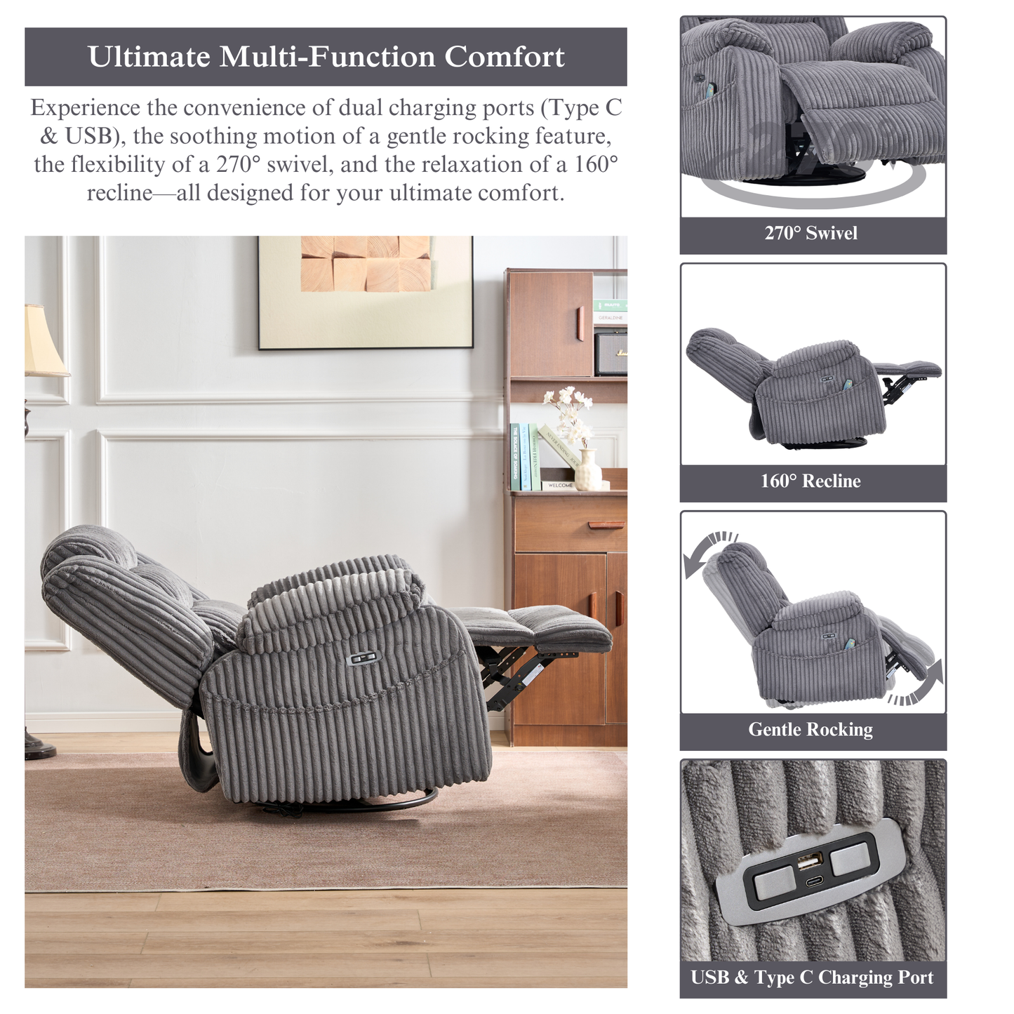 Extra Wide Power Swivel Rocking Recliner for Adults with Heat Massage, USB & Type-C Charging, Electric Glider Rocker Chair for Living Room Nursery Bedroom Office