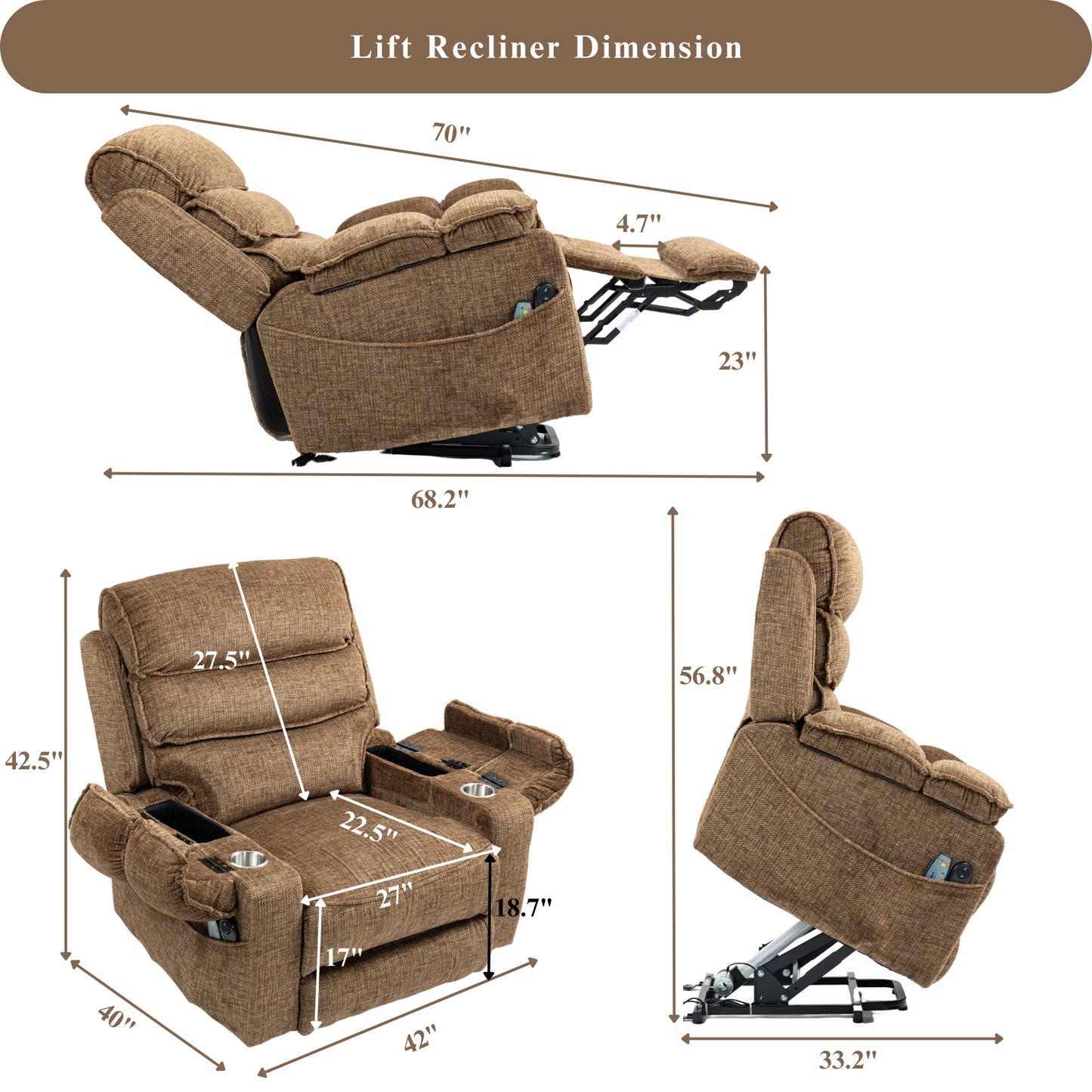 Oversized Recliner Chair 26-inch Wide Seat with Extended Footrest - Power Lift Recliner for Elderly with Heat Massage - Flip Arm Storage Cup Holders 350 lbs