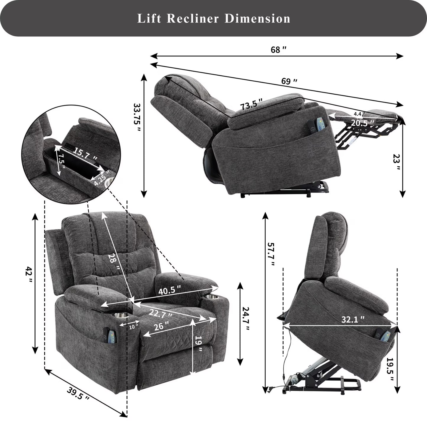 Oversized Recliner Chair 26-inch Wide Seat with Extended Footrest - Power Lift Recliner for Elderly with Heat Massage - Flip Arm Storage Cup Holders 350 lbs