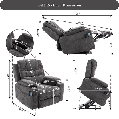Oversized Recliner Chair 26-inch Wide Seat with Extended Footrest - Power Lift Recliner for Elderly with Heat Massage - Flip Arm Storage Cup Holders 350 lbs