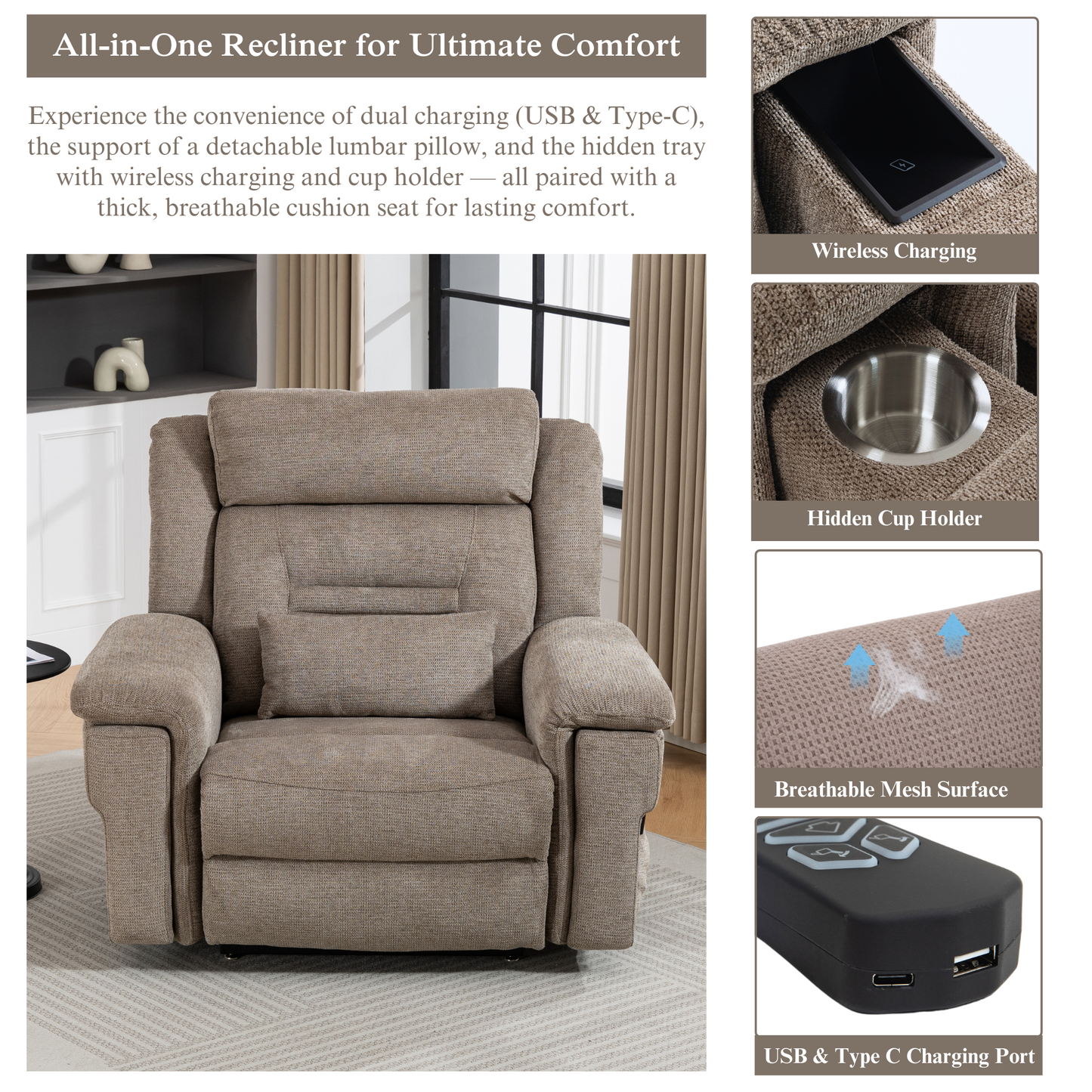 Big Man Recliners Power Lift Chair with Heat Massage, Cup Holder & Wireless Phone Charger, USB Type C Charging- 400 lbs Capacity - Mocha Taupe Woven AirMesh