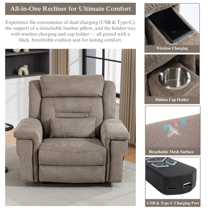 Big Man Recliners Power Lift Chair with Heat Massage, Cup Holder & Wireless Phone Charger, USB Type C Charging- 400 lbs Capacity - Mocha Taupe Woven AirMesh