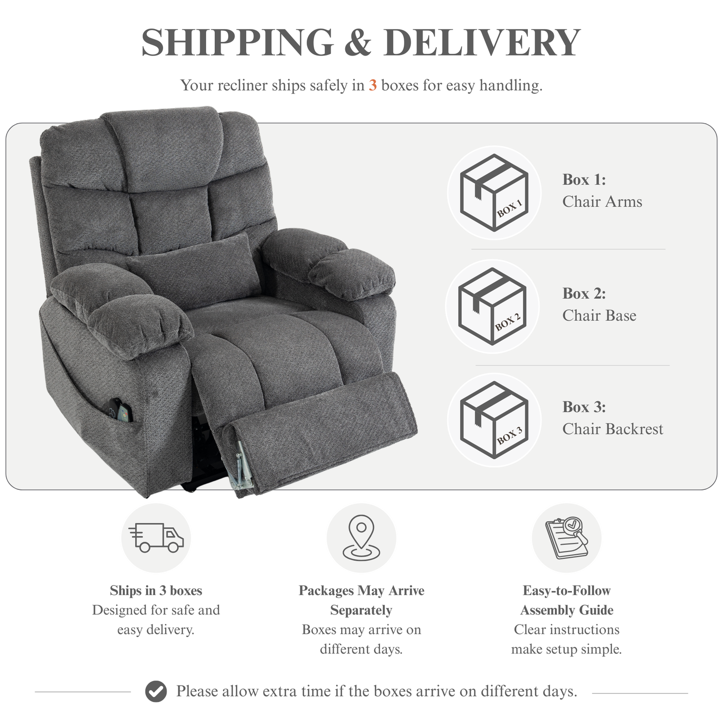 JUUXO Big Tall Man 500 lbs Recliners Power Lift Chair with Heat & Massage - USB & Type C Charging - Stone Gray Chenille