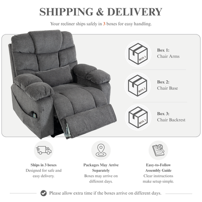 JUUXO Big Tall Man 500 lbs Recliners Power Lift Chair with Heat & Massage - USB & Type C Charging - Stone Gray Chenille