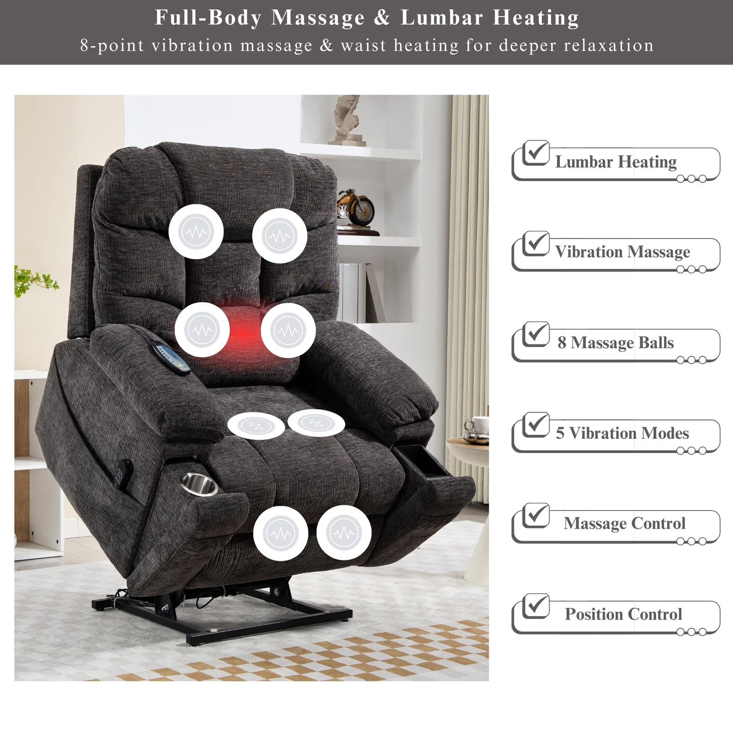Power Lift Recliner Chairs for Elderly - Infinite Position Lay Flat Recliner with Heat & Massage Wireless Phone Charger - USB Type C Charging - Dual Motor Lift Chair 400 lbs