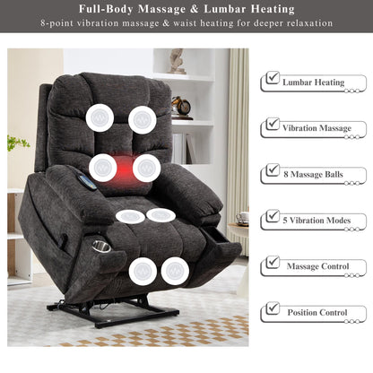 Power Lift Recliner Chairs for Elderly - Infinite Position Lay Flat Recliner with Heat & Massage Wireless Phone Charger - USB Type C Charging - Dual Motor Lift Chair 400 lbs