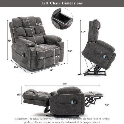 Power Lift Recliner Chairs for Elderly - Infinite Position Lay Flat Recliner with Heat & Massage Wireless Phone Charger - USB Type C Charging - Dual Motor Lift Chair 400 lbs