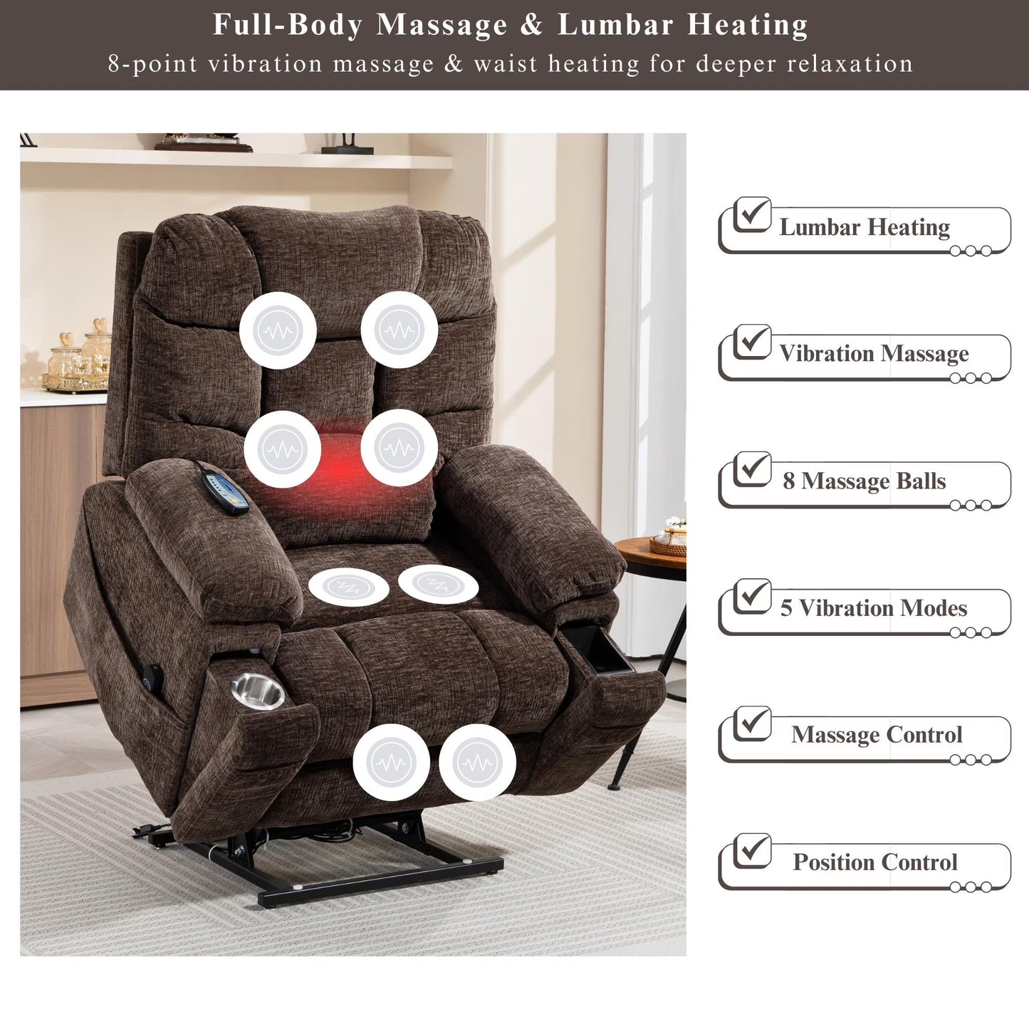 Power Lift Recliner Chairs for Elderly - Infinite Position Lay Flat Recliner with Heat & Massage Wireless Phone Charger - USB Type C Charging - Dual Motor Lift Chair 400 lbs (Copy)