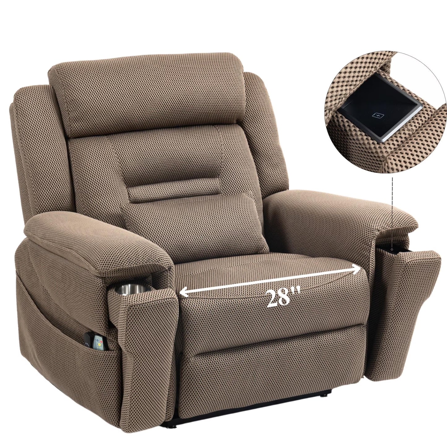 Big Man Recliners Power Lift Chair with Heat Massage, Cup Holder & Wireless Phone Charger, USB Type C Charging- 400 lbs Capacity - Warm Taupe AirMesh Fabric