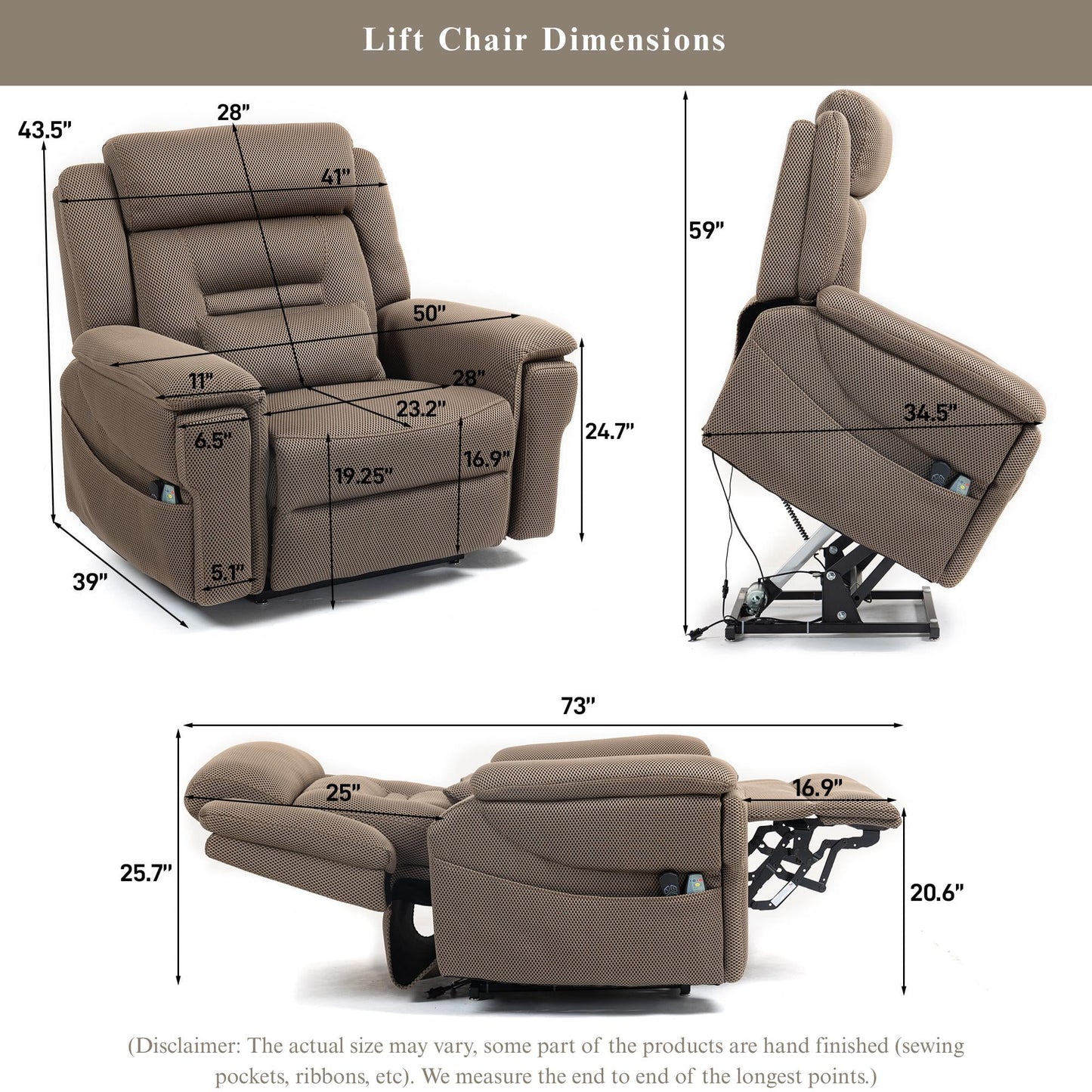 Big Man Recliners Power Lift Chair with Heat Massage, Cup Holder & Wireless Phone Charger, USB Type C Charging- 400 lbs Capacity - Warm Taupe AirMesh Fabric