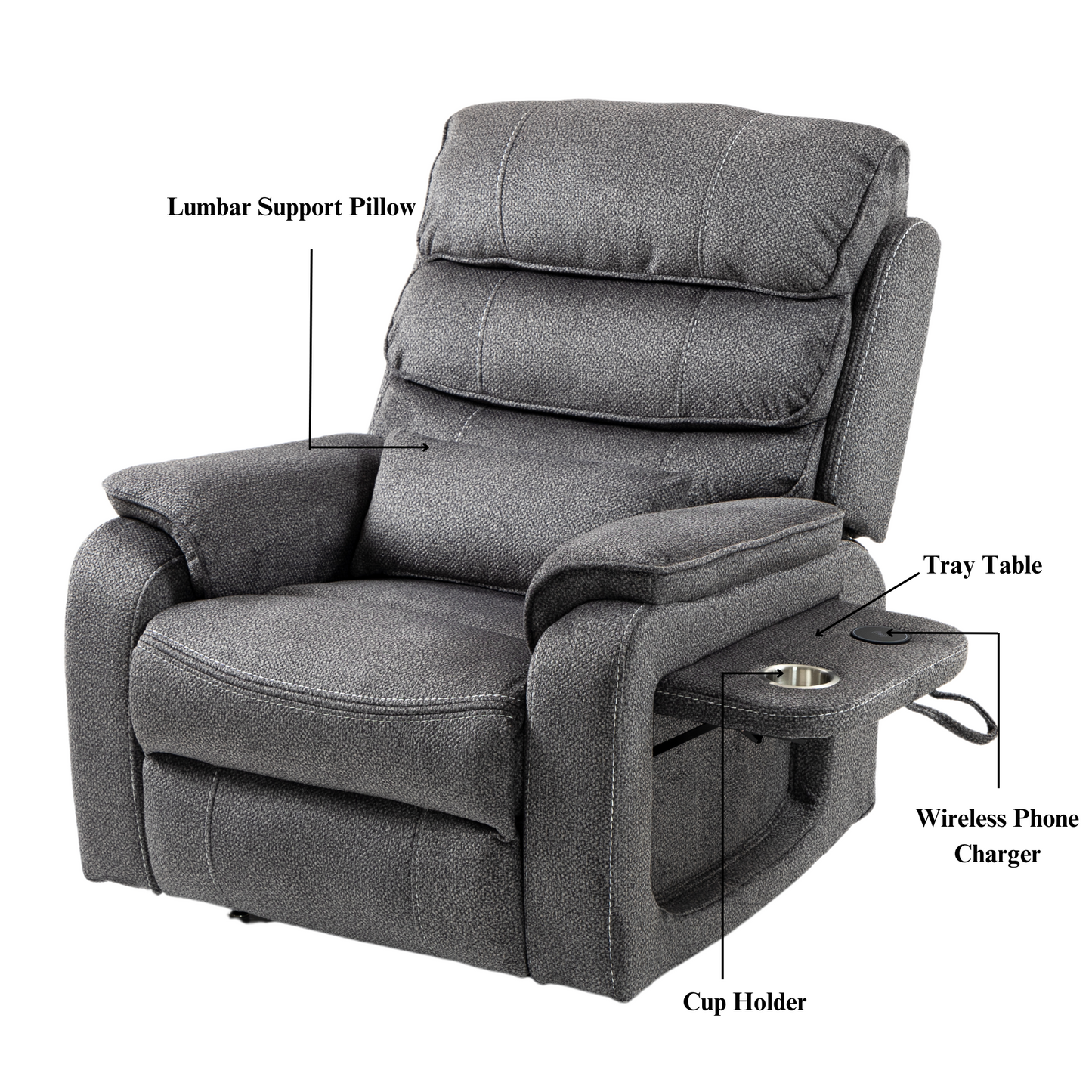 Pinnacle Lay Flat Recliner with Fold Out Tray Cup Holder & Wireless Phone Charger - Heat & Massage - Grey