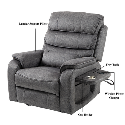 Pinnacle Lay Flat Recliner with Fold Out Tray Cup Holder & Wireless Phone Charger - Heat & Massage - Grey