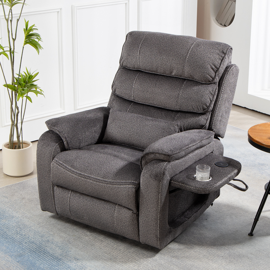 Pinnacle Lay Flat Recliner with Fold Out Tray Cup Holder & Wireless Phone Charger - Heat & Massage - Grey