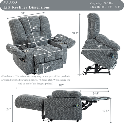 JUUXO Big Tall Man 500 lbs Recliners Power Lift Chair with Heat & Massage - USB & Type C Charging - Heather Grey Chenille