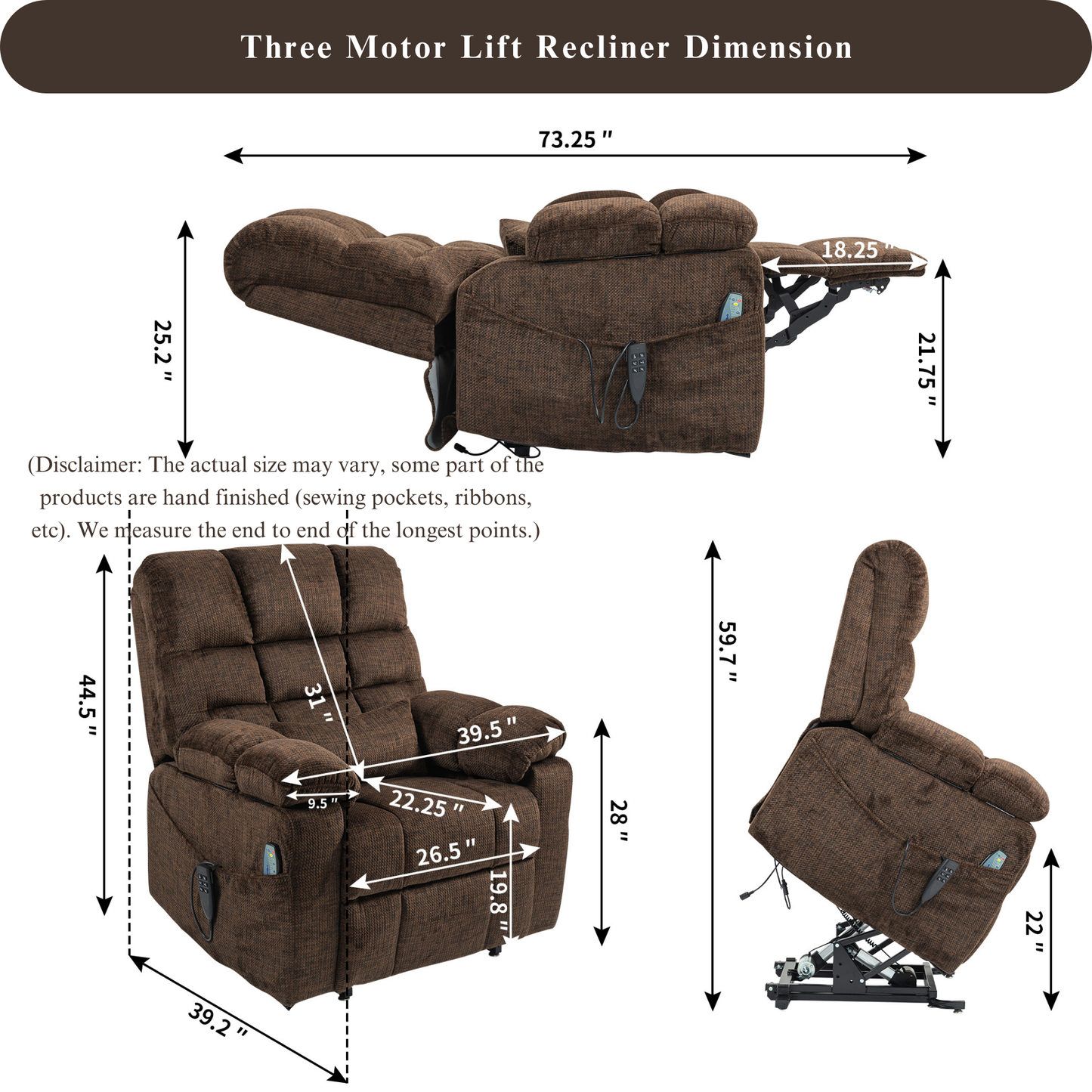 JUUXO Zenova 3-Motor Lift Chair, Zero Gravity Lay Flat Recliner with Heat & Massage - 400 lb - Dark Brown Chenille